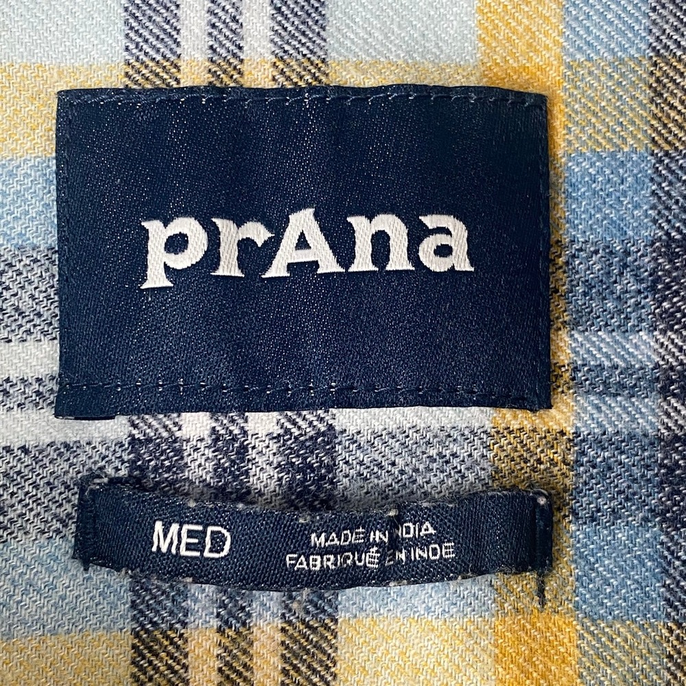 Prana Mens Medium Flannel Shirt Blue Yellow Plaid Organic Cotton Blend - Picture 3 of 11